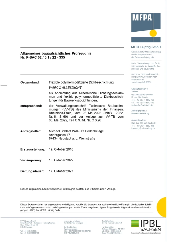 Allgemeines bauaufsichtliches Prüfzeugnis zu WARCO ALLESDICHT